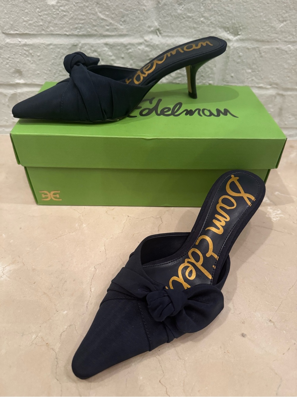 NWT Sam Edelman Bex Navy Moire Knotted Pointed-Toe Mule Heels Size 5.5